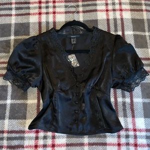 Short sleeve lace lined satin button up crop top